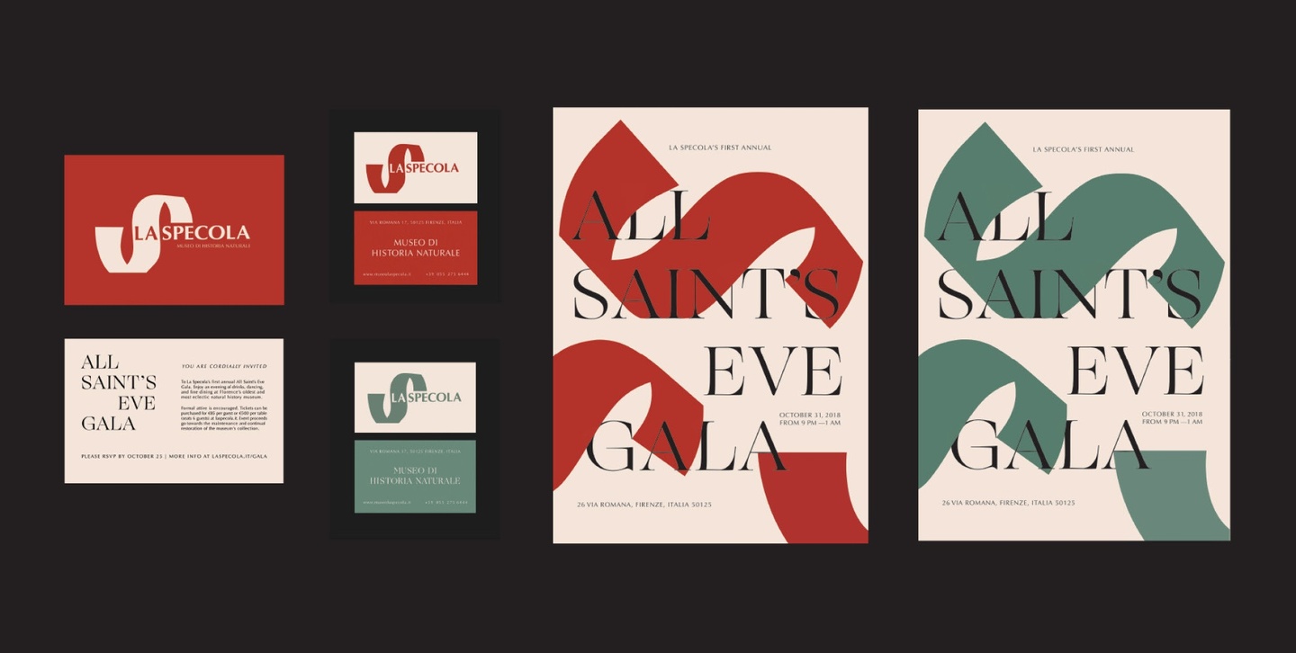 Branding for LaSpecola and All Saint's Eve Gala in black on light background with either red or green highlights.