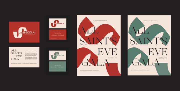 Branding for LaSpecola and All Saint's Eve Gala in black on light background with either red or green highlights.