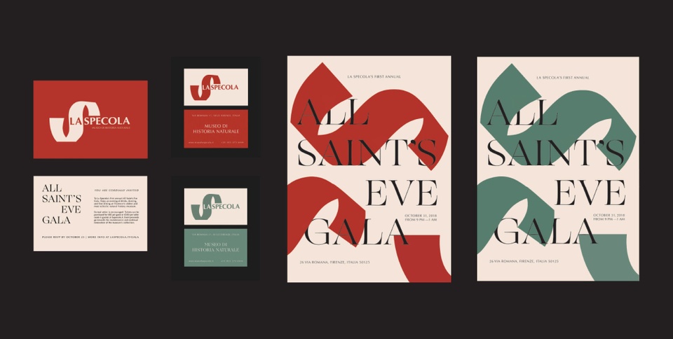 Branding for LaSpecola and All Saint's Eve Gala in black on light background with either red or green highlights.