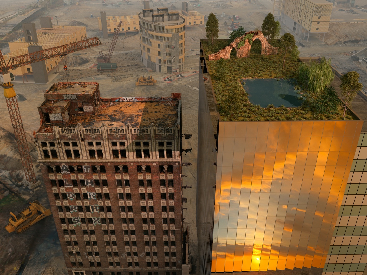 A shot of two adjacent buildings from an elevated aerial perspective: the one on the left is dilapidated, whereas the one to the right towers above with a rooftop garden/landscape of an arched stone structure and a shallow pool surrounded by greenery and a willow tree. The building to the right appears to be made entirely of glass, reflecting the golden-blue sunset. In the background, the land is dusty, a spread-out construction site complete with cranes and tractors.