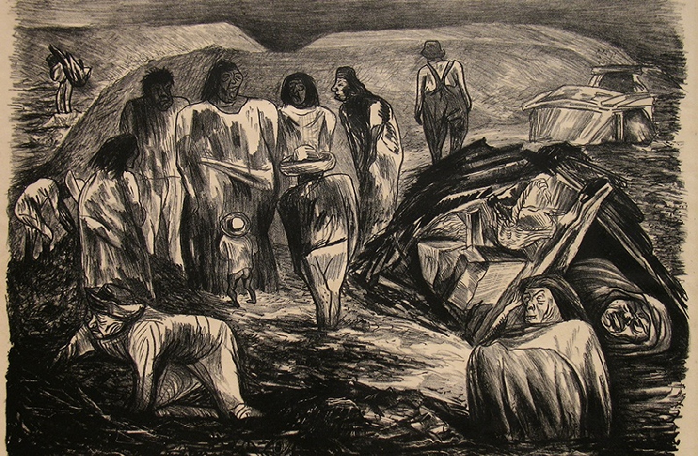 A roughly drawn landscape in black and white of a dumping ground with human figures, alive and dead
