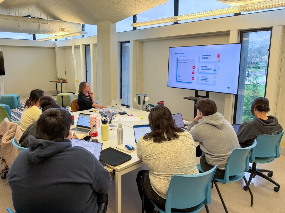 students sitting around a table during a presentation