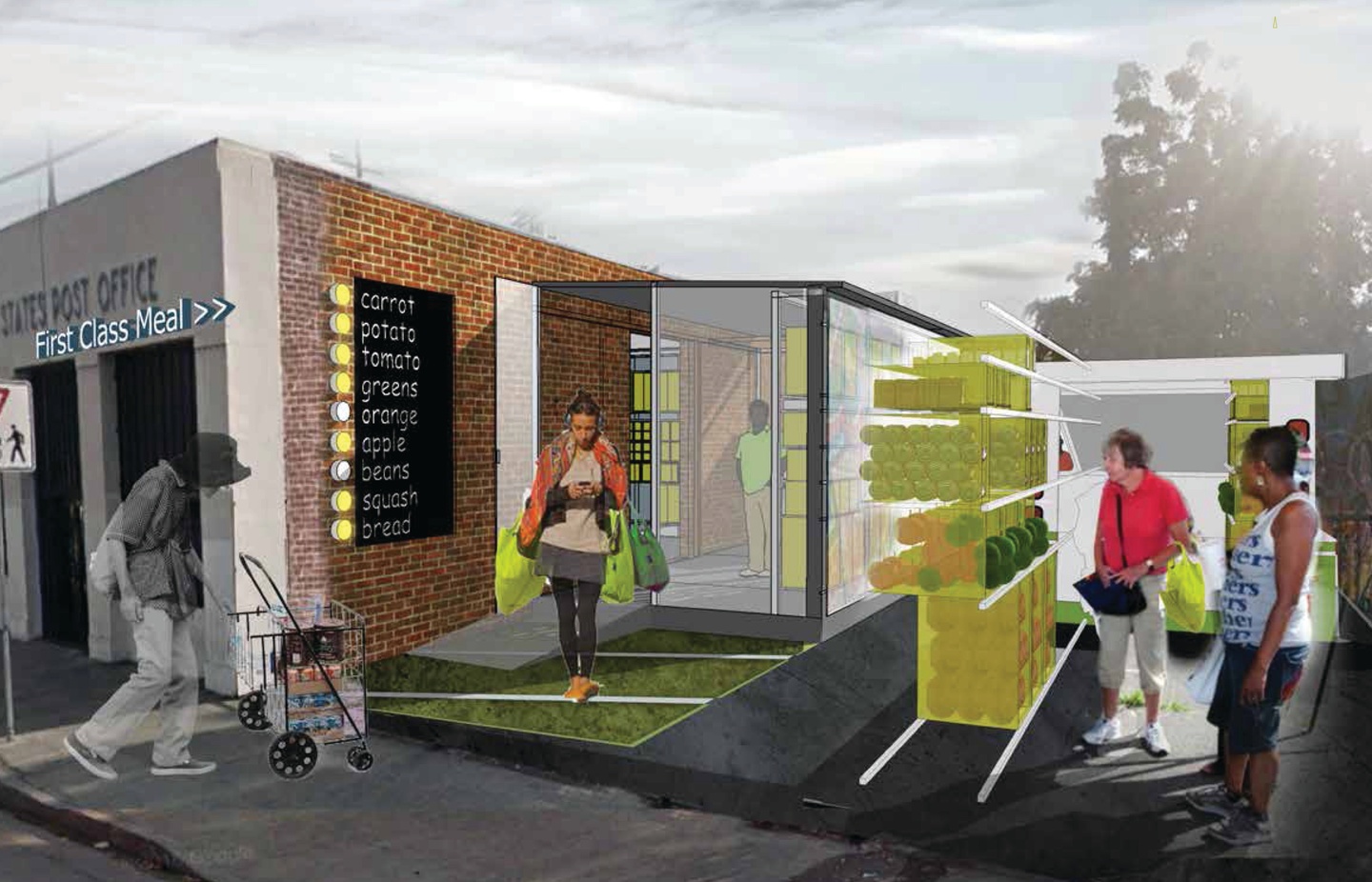 A collage render of a food mart and grocer stand with various items listed on side of existing building
