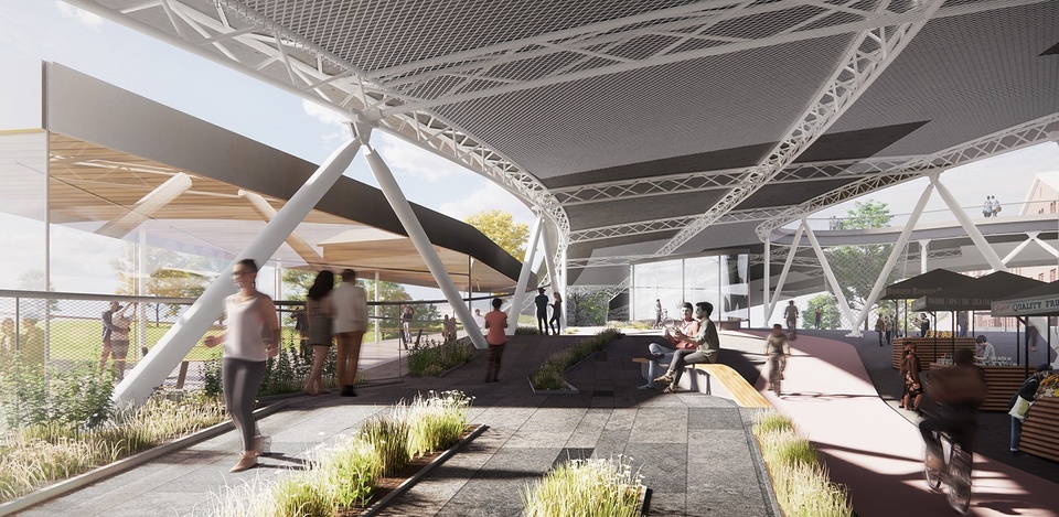 Rendering of a bike path and street market, with a canopied structure providing shelter over pathways.