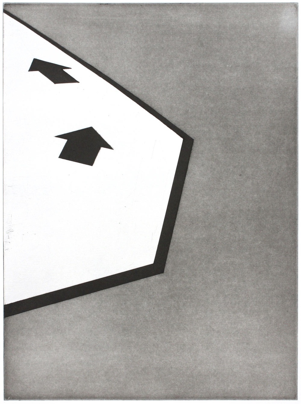 Image of a white geometric shape bordered by black and gray with small arrows pointing up and back to the left 