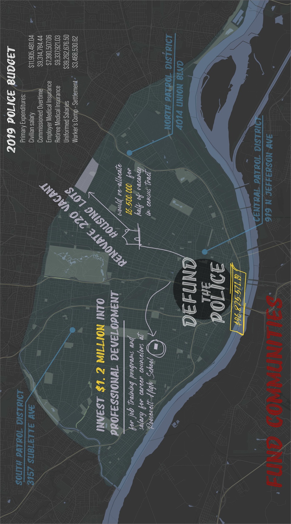 Gray map of the City of St. Louis on a dark background showing annotations.