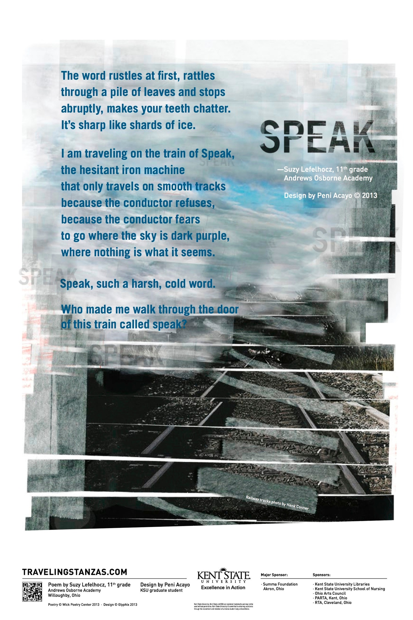 Poster featuring a partially obscured black-and-gray stairstep image, with blue text + black all-caps text with the title SPEAK.