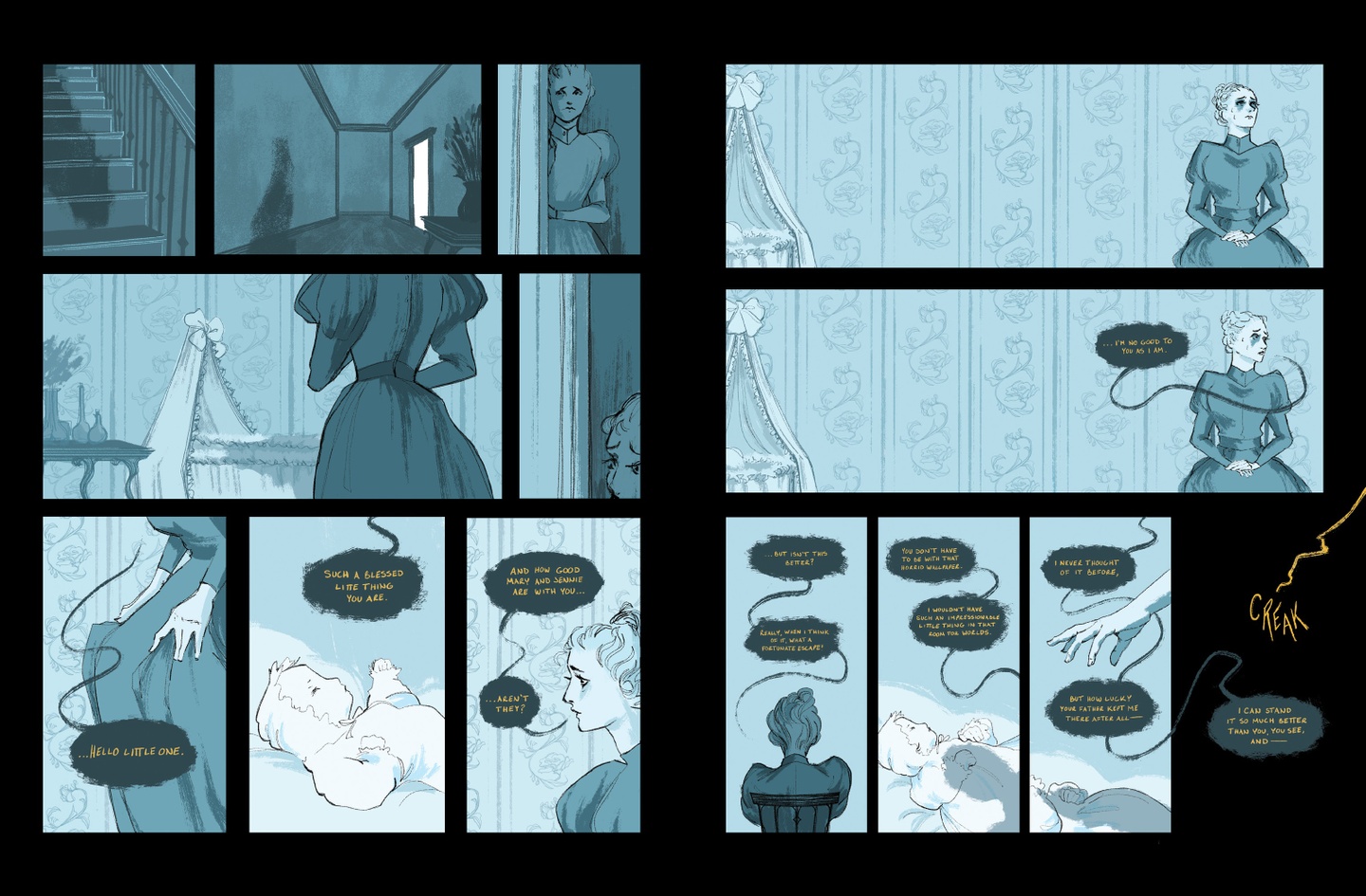 Open spread of illustrated comic panels in blue tones with a visably distressed figure talking to a baby.