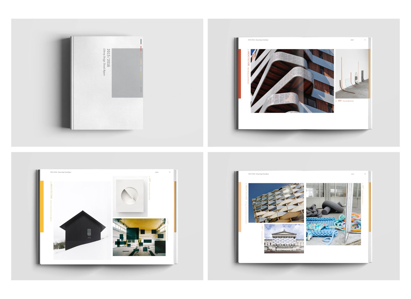 Four images of a book, one of the book's cover and three of internal spreads. The cover depicts intersecting rectangles and the spreads depict several close-up images of architectural elements on buildings paired with internal installations.