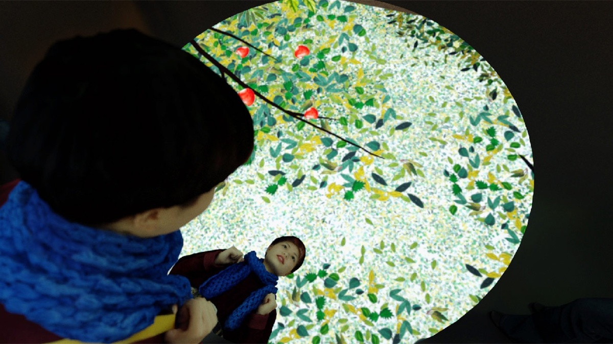 Render of young girl looking into the Chobani selfie mirror, with fruit and canopy illustrations in the background