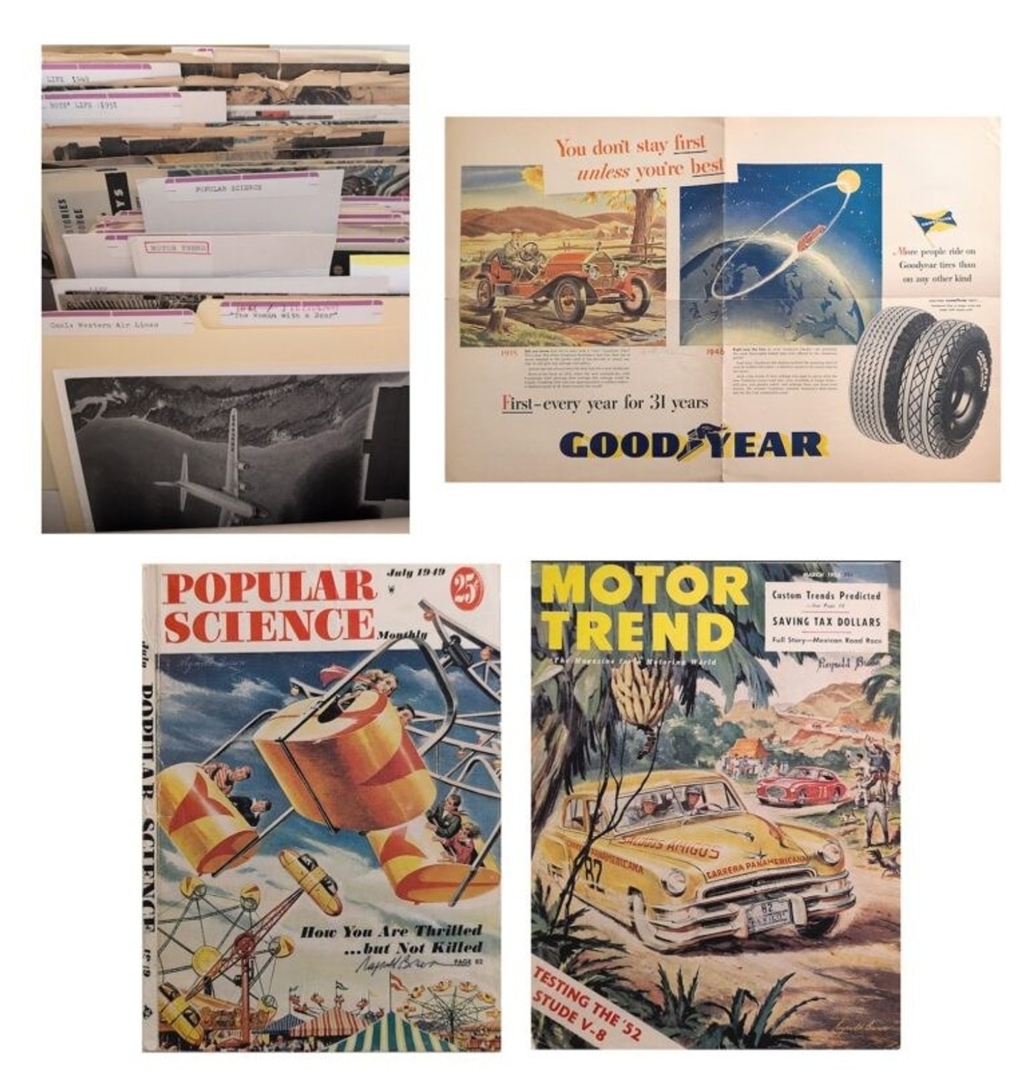 top Left is an image of files, top R is an open magazine of an illustration tire ad, bottom R is Motor Trend Cover with a yellow car driving down a road. Bottom L is a Popular Science cover of an amusement park ride going in the air