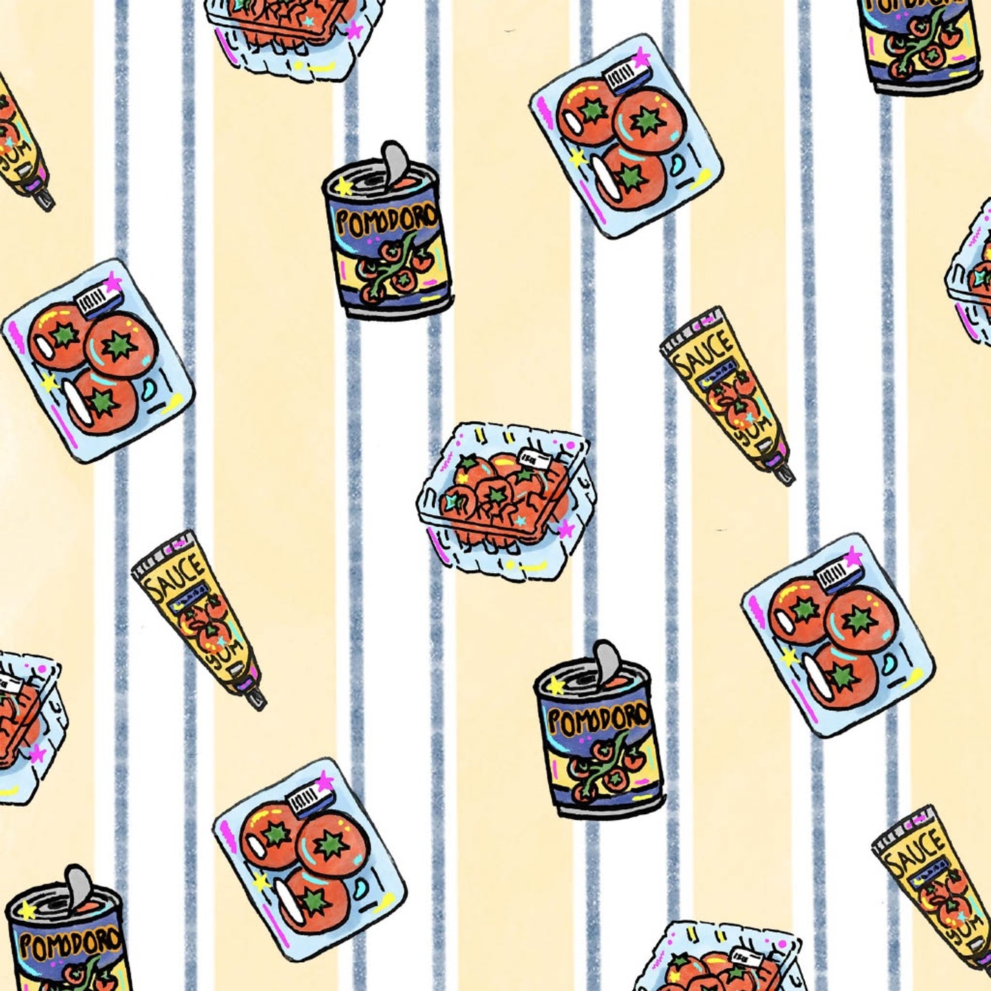 Illustrated pattern of tomatoes in various forms.